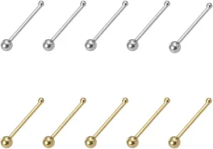 10Pcs 24G Stainless Steel Nose Studs Rings for Women Hypoallergenic Nose Piercings Jewelry Straight Bone Nose Rings 5 Gold 5 Silver