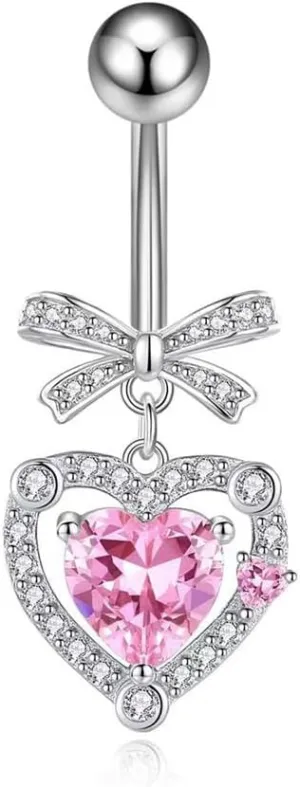 14G 316L Surgical Steel Dangle Belly Button Rings for Women Sparkling Pink Cubic Zirconia Heart Dangling Belly Navel Rings Dainty Navel Barbell Belly Piercing Jewelry 3/8"