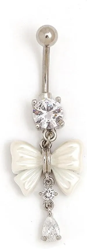 14G White Bowknot Dangle Belly Button Rings for Women Dainty CZ Teardrop Surgical Steel Belly Navel Ring Belly Curved Barbell Cute Navel Piercing Jewelry