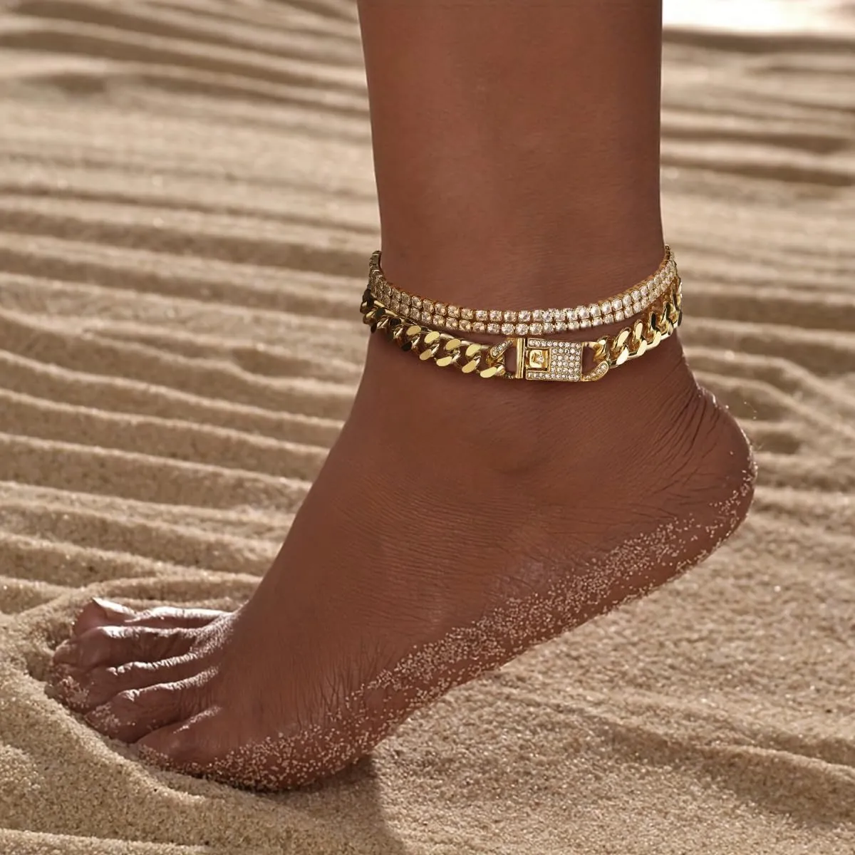 14K Gold Anklets for Women Waterproof Rhinestone Ankle Bracelet Layered Cuban Link Chain Diamond Anklet Beach Jewelry for Women