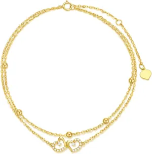 14K Gold Heart Anklet for Women Yellow Gold Layered Ankle Bracelets Foot Jewelry, 8''-10''