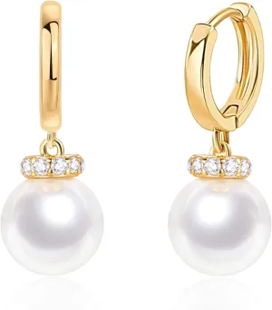 14k Gold Plated Hoop Pearl Earrings for Women Lightweight Pearl Drop Earrings with Cubic Zirconia Crystal Top, Hypoallergenic Elegant Jewelry for Wedding Gifts for Her