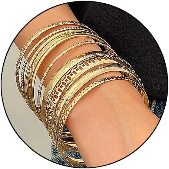 14k Plated Gold Bangle Bracelets for Women Multi Layer Stackable Cuff Bracelet Set Charms Minimalist Textured Boho Jewelry Gift for Women