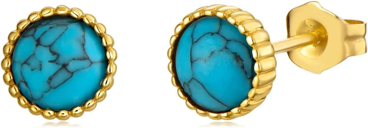 14K Solid Gold Turquoise Stud Earrings - Dainty Turquoise Earrings Studs Yellow Gold Round Turquoise Stud Earrings for Women