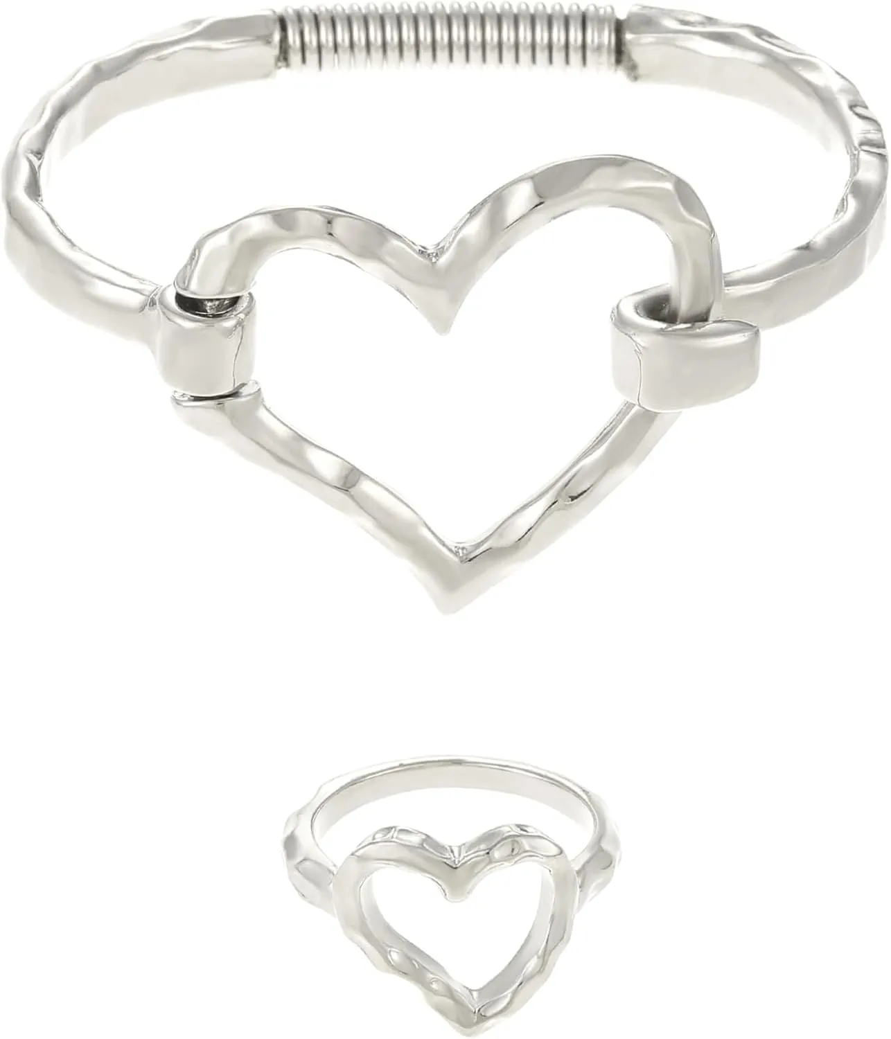 16K Gold Heart Bracelet Ring Set for Women, Cuff Bangle Irregular Bracelet Wide Chunky Heart Adjustable Buckle Bracelets for Women