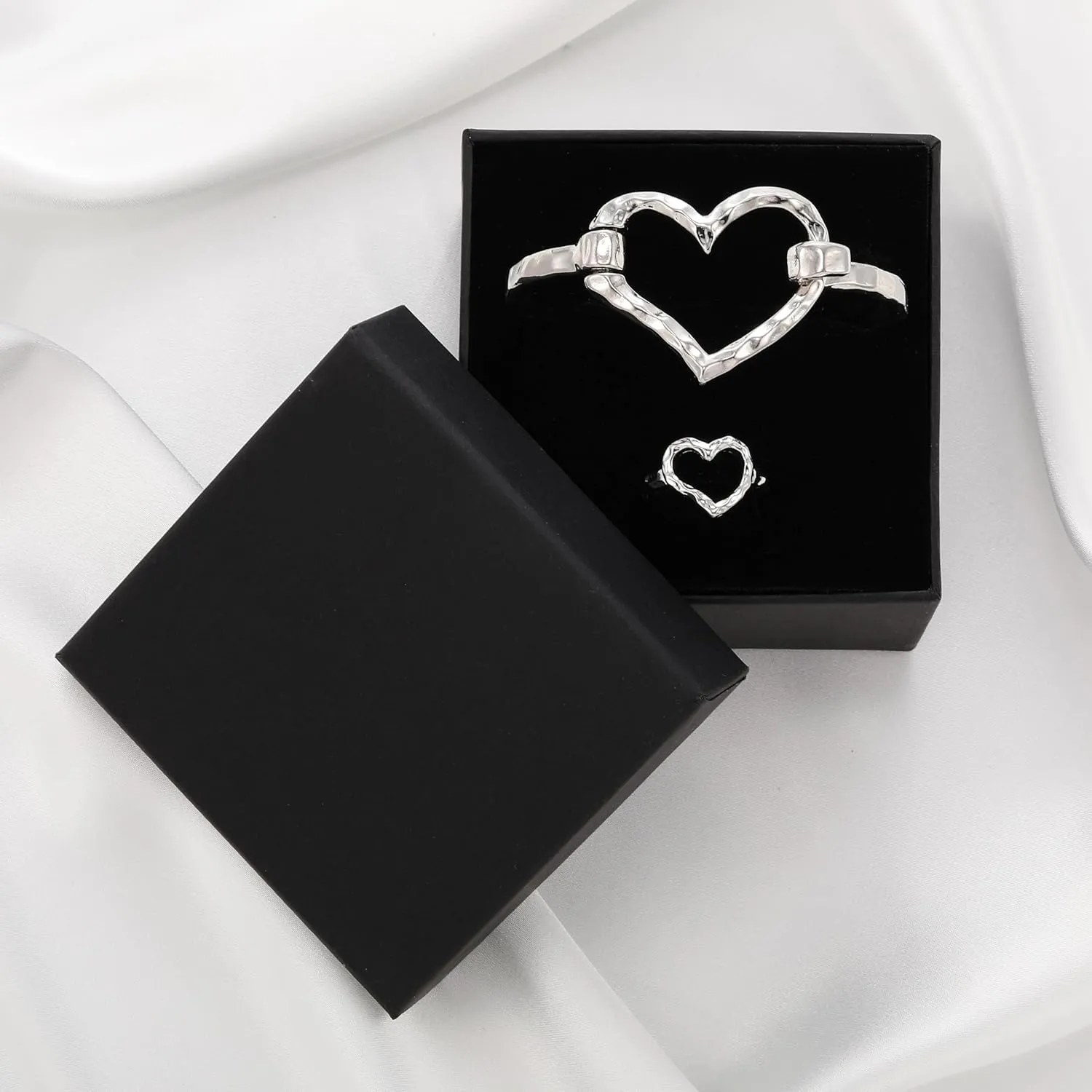 16K Gold Heart Bracelet Ring Set for Women, Cuff Bangle Irregular Bracelet Wide Chunky Heart Adjustable Buckle Bracelets for Women