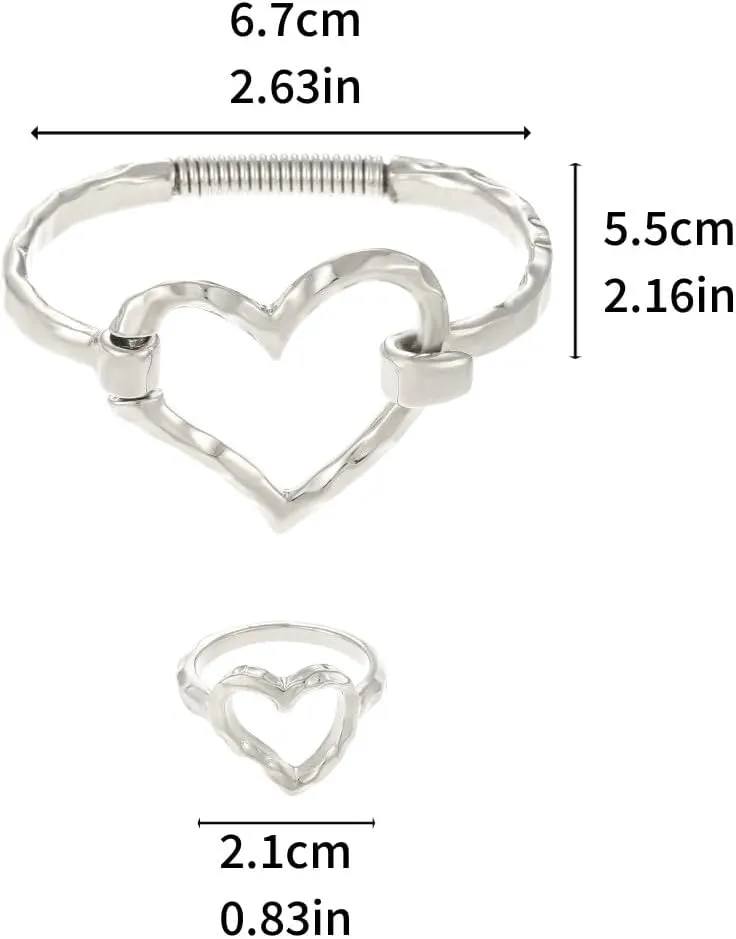 16K Gold Heart Bracelet Ring Set for Women, Cuff Bangle Irregular Bracelet Wide Chunky Heart Adjustable Buckle Bracelets for Women
