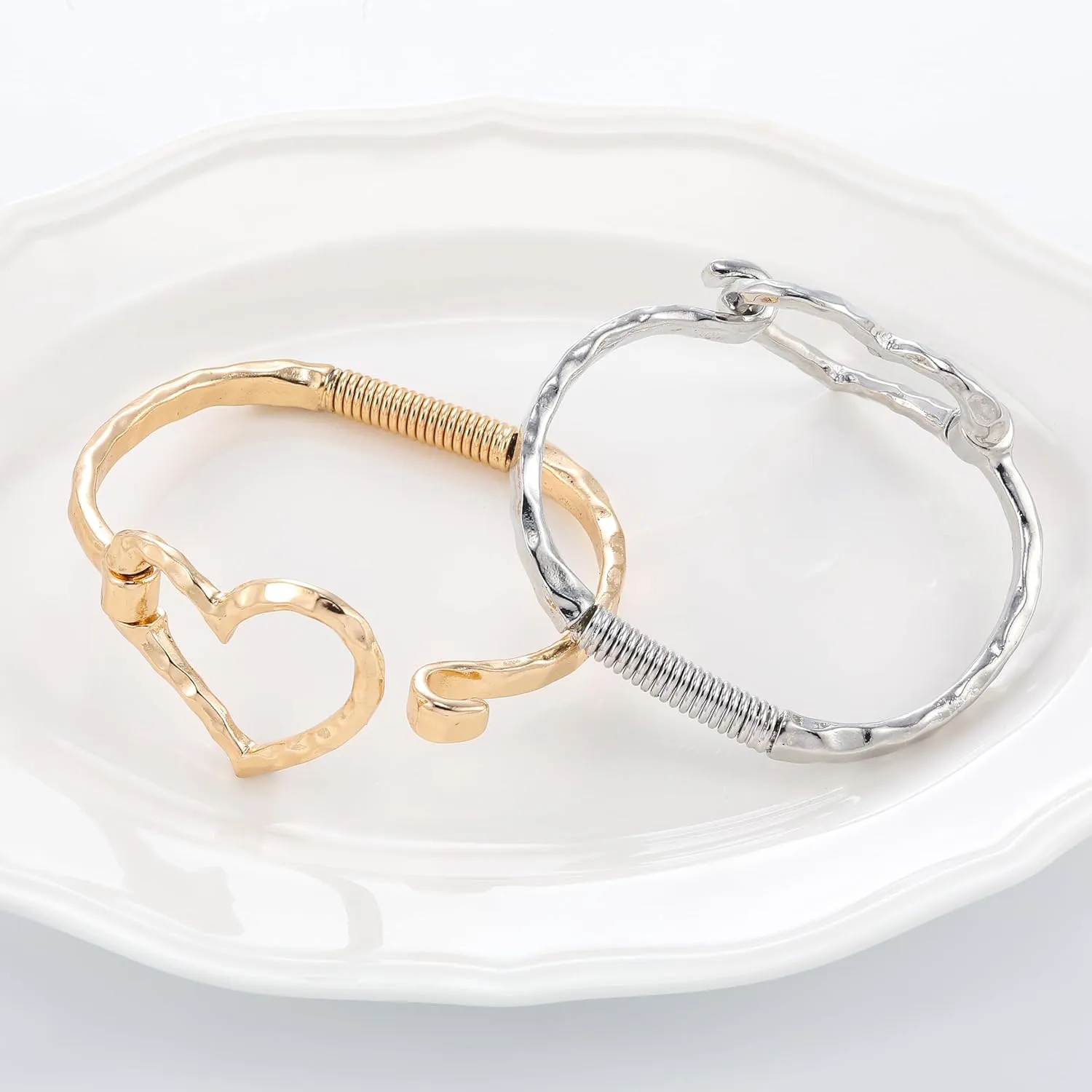 16K Gold Heart Bracelet Ring Set for Women, Cuff Bangle Irregular Bracelet Wide Chunky Heart Adjustable Buckle Bracelets for Women