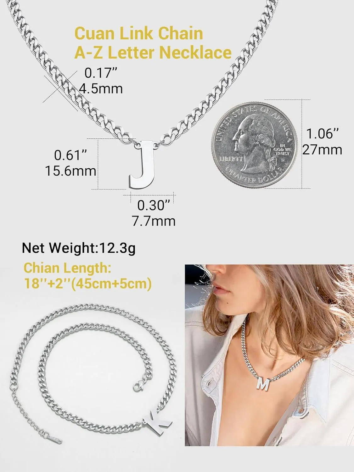 18 2 Inch Initial Letter Pendant Necklace for Men Women, 18K Gold Plated Stainless Steel Capital A-Z Alphabet Name Necklaces 4.5mm Cuban Link Chain with Initial - Send Gift Box