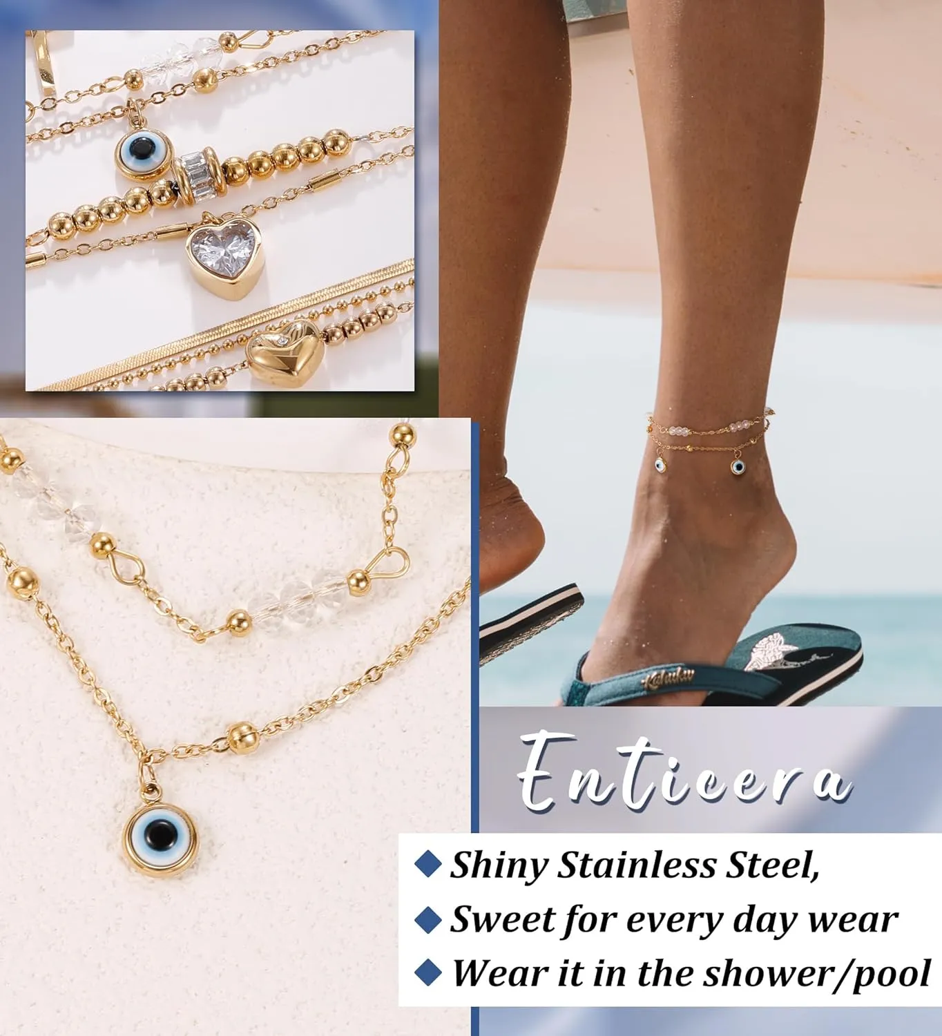 18K Gold Ankle Bracelets for Women Stainless Steel Hypoallergenic Anklets Waterproof Cuban Link Heart Cross CZ Cuban Link Anklets StyleC