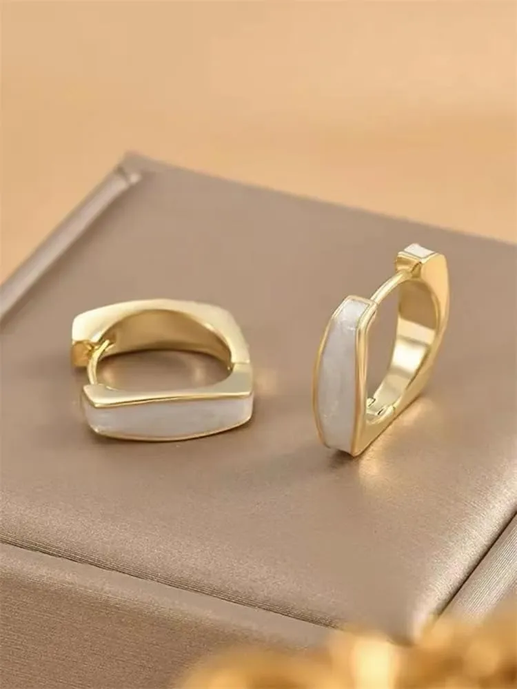 18K Gold Plated, Gold Huggie Hoop Earrings with Pearl Inlay for Women ??Minimalist Rectangular Design ??Elegant Everyday Jewelry for Office, Casual & Formal Wear