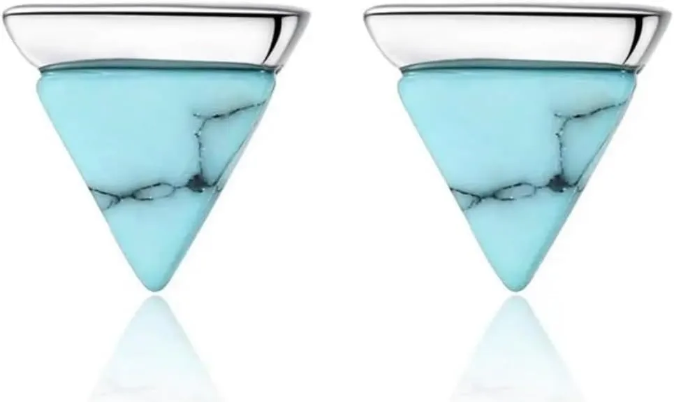 18k Karat Sterling Silver Turquoise Triangle Stud Earrings Jewelry Gift for Women - Genuine Boho Stud Earrings for Pierced Ears, Hypoallergenic Silver and Turquoise- Nickel Free, Hypoallergenic