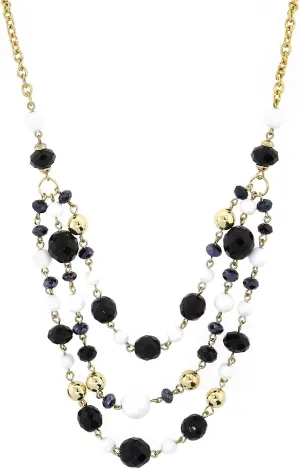 1928 Jewelry Gold-Tone Black and White Crystal Beaded 3-Strand Adjustable Necklace, 16"   3" Extender