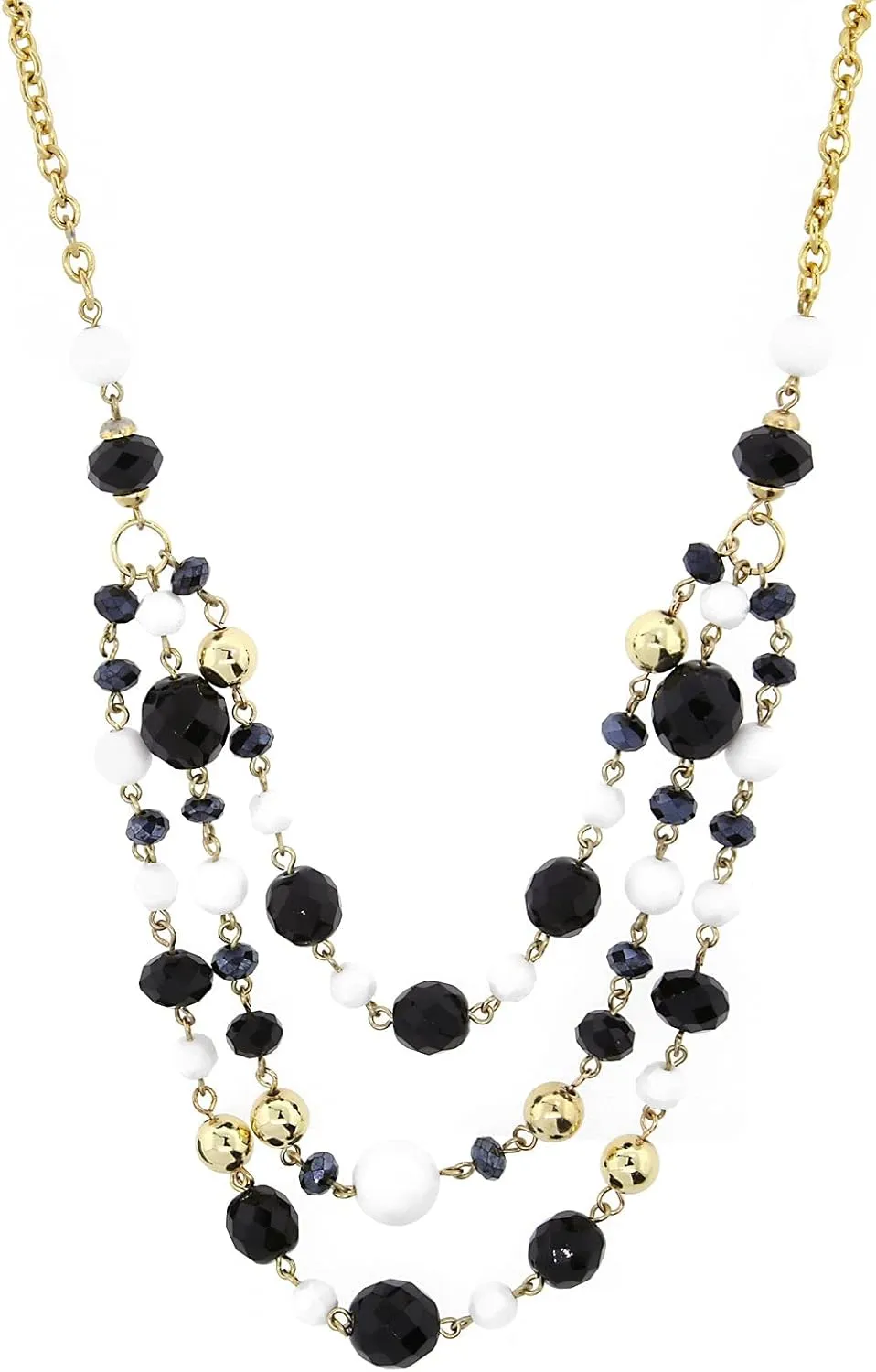 1928 Jewelry Gold-Tone Black and White Crystal Beaded 3-Strand Adjustable Necklace, 16"   3" Extender
