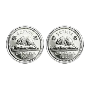 1964 Canada 5 Cents Uncirculated Coin Silver Plated Cufflinks NEW - Beaver on Rock