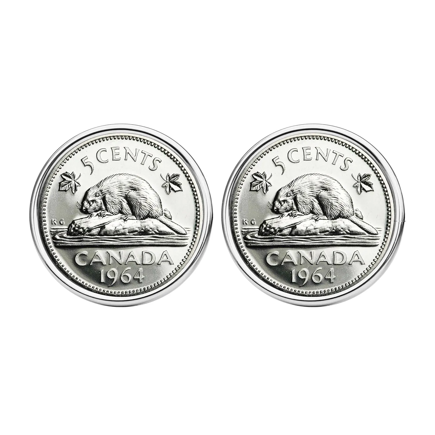 1964 Canada 5 Cents Uncirculated Coin Silver Plated Cufflinks NEW - Beaver on Rock