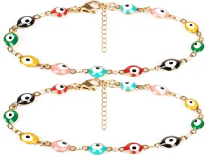 2 Pcs Evil Eye Anklet Bracelets for Women Men,18K Gold Plated Stainless Steel, Handmade Adjustable Amulet, Evil Eyes Jewelry for Family Best Friends