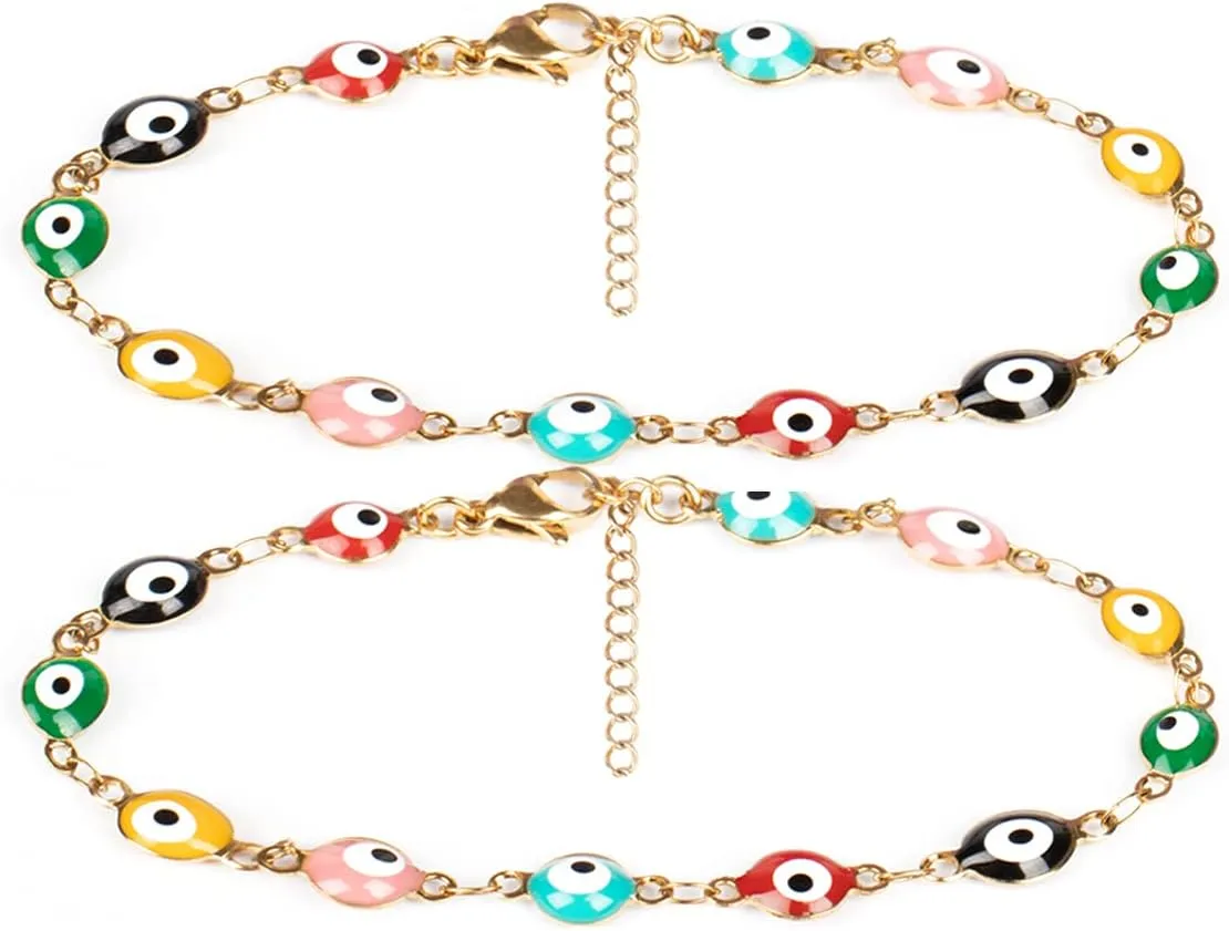 2 Pcs Evil Eye Anklet Bracelets for Women Men,18K Gold Plated Stainless Steel, Handmade Adjustable Amulet, Evil Eyes Jewelry for Family Best Friends