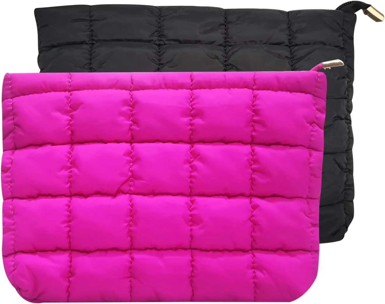 2 Pieces Cute Cosmetic Bag Quilted Makeup Bag for Women, Large Capacity Travel Toiletry Zipper Pouch, Storage Pouches for Organization,Checkered Bag, Black & Rose