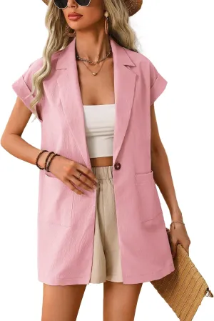 2024 Summer Short Sleeve Blazer Jacket for Women Lightweight Casual Fashion Long Work Office Suit Pockets