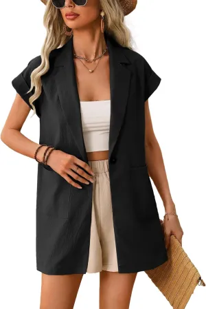 2024 Summer Short Sleeve Blazer Jacket for Women Lightweight Casual Fashion Long Work Office Suit Pockets