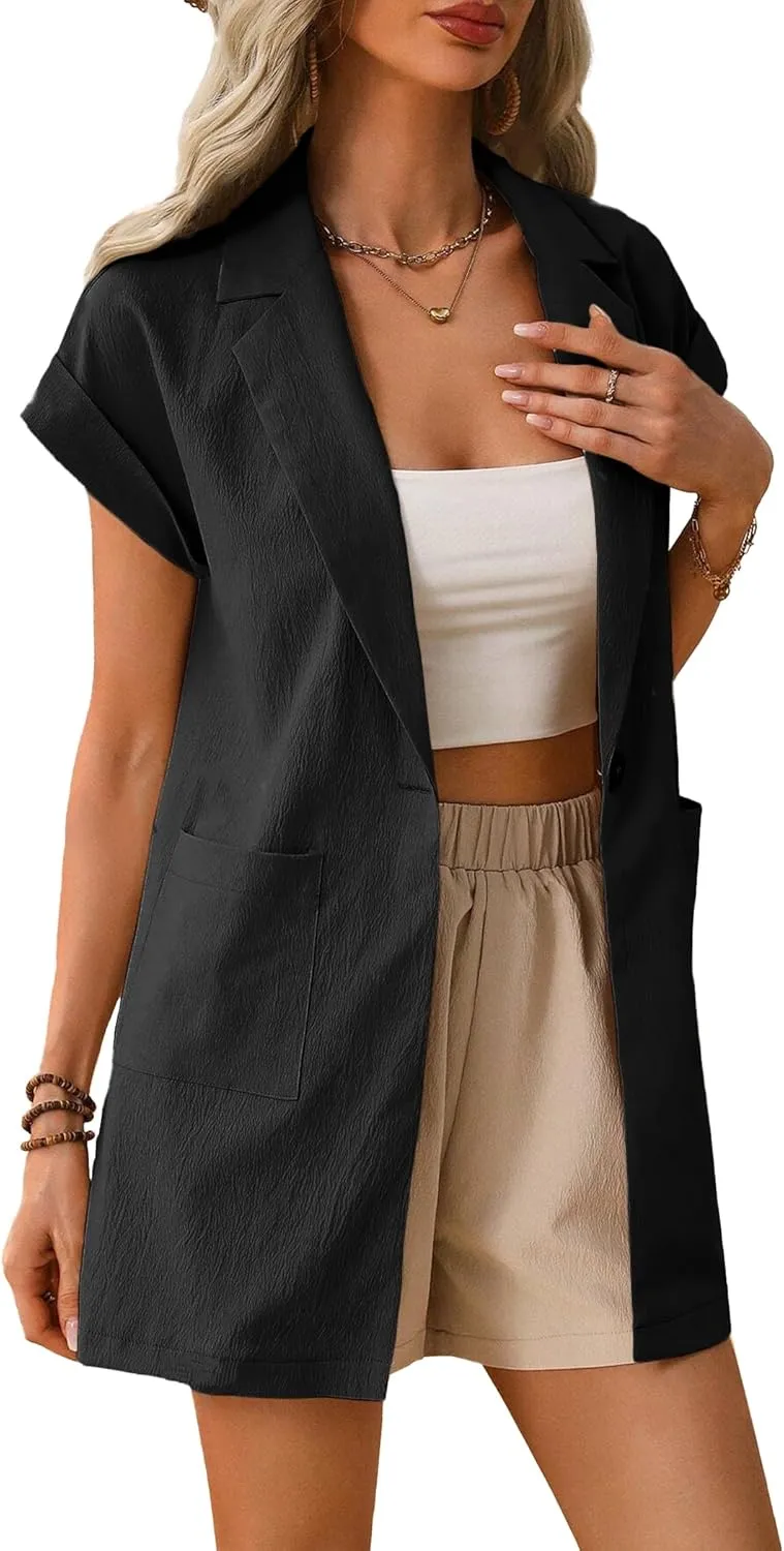 2024 Summer Short Sleeve Blazer Jacket for Women Lightweight Casual Fashion Long Work Office Suit Pockets