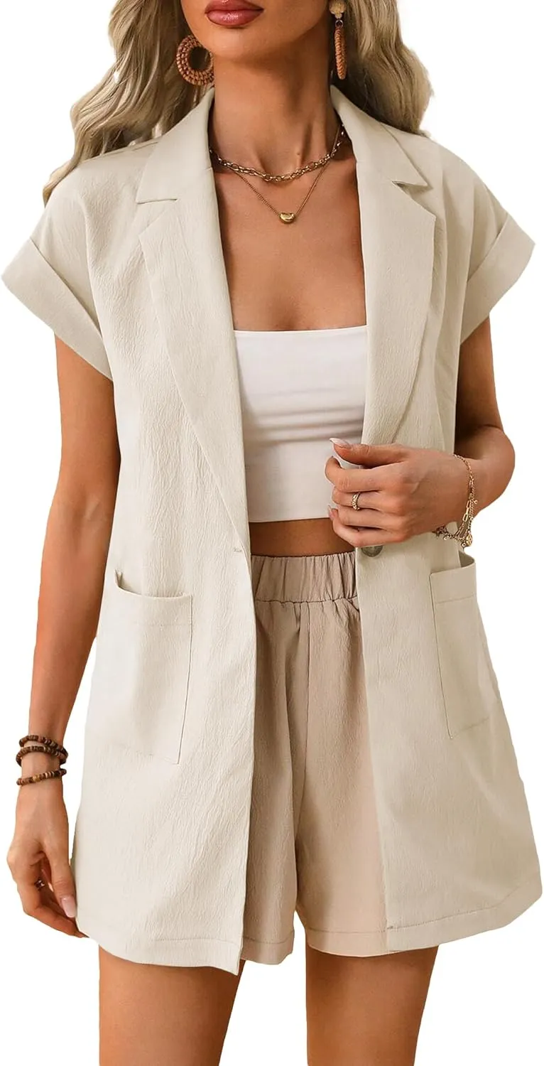 2024 Summer Short Sleeve Blazer Jacket for Women Lightweight Casual Fashion Long Work Office Suit Pockets