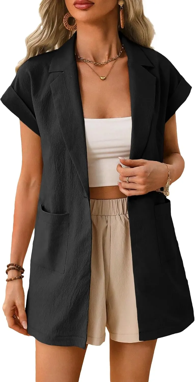 2024 Summer Short Sleeve Blazer Jacket for Women Lightweight Casual Fashion Long Work Office Suit Pockets