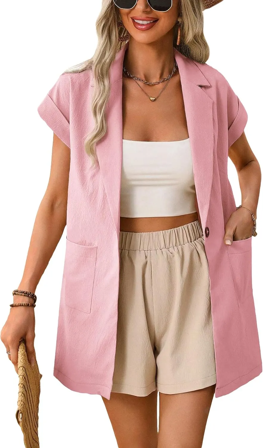 2024 Summer Short Sleeve Blazer Jacket for Women Lightweight Casual Fashion Long Work Office Suit Pockets