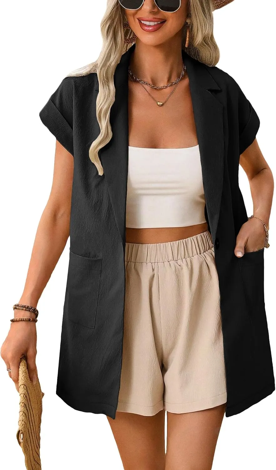 2024 Summer Short Sleeve Blazer Jacket for Women Lightweight Casual Fashion Long Work Office Suit Pockets