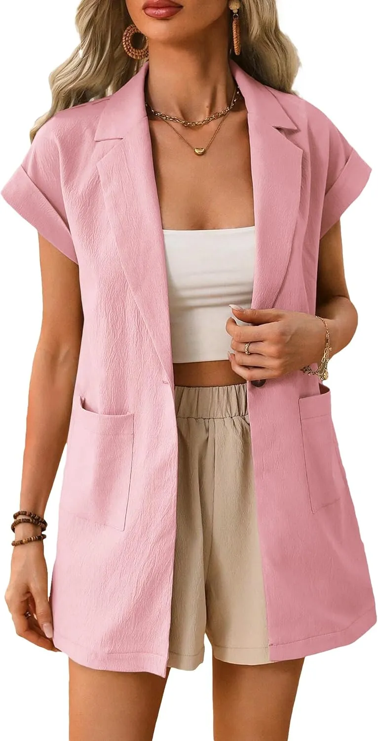 2024 Summer Short Sleeve Blazer Jacket for Women Lightweight Casual Fashion Long Work Office Suit Pockets
