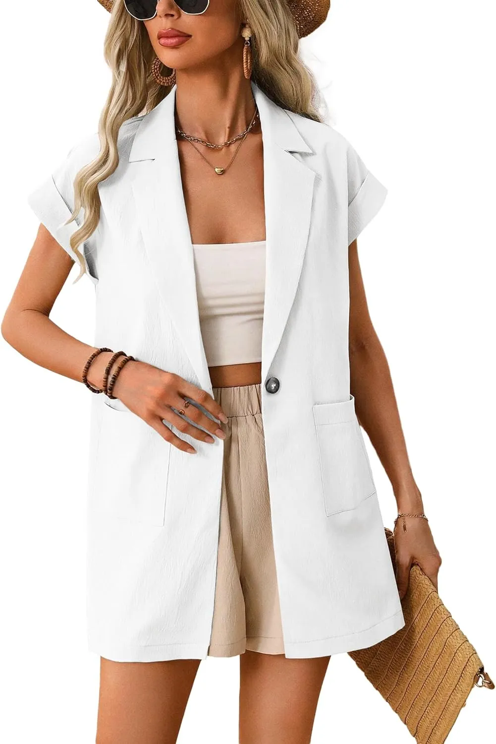 2024 Summer Short Sleeve Blazer Jacket for Women Lightweight Casual Fashion Long Work Office Suit Pockets