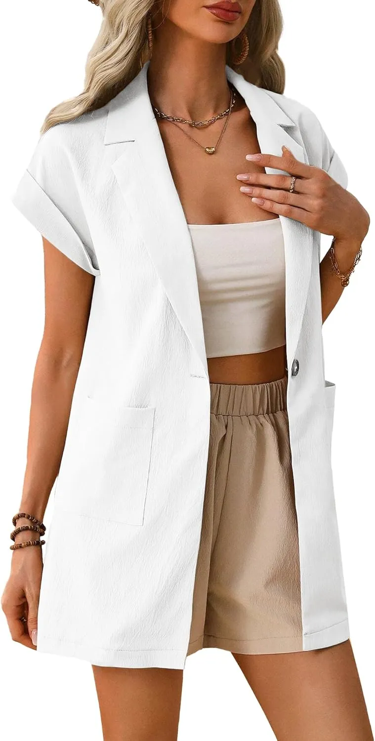 2024 Summer Short Sleeve Blazer Jacket for Women Lightweight Casual Fashion Long Work Office Suit Pockets