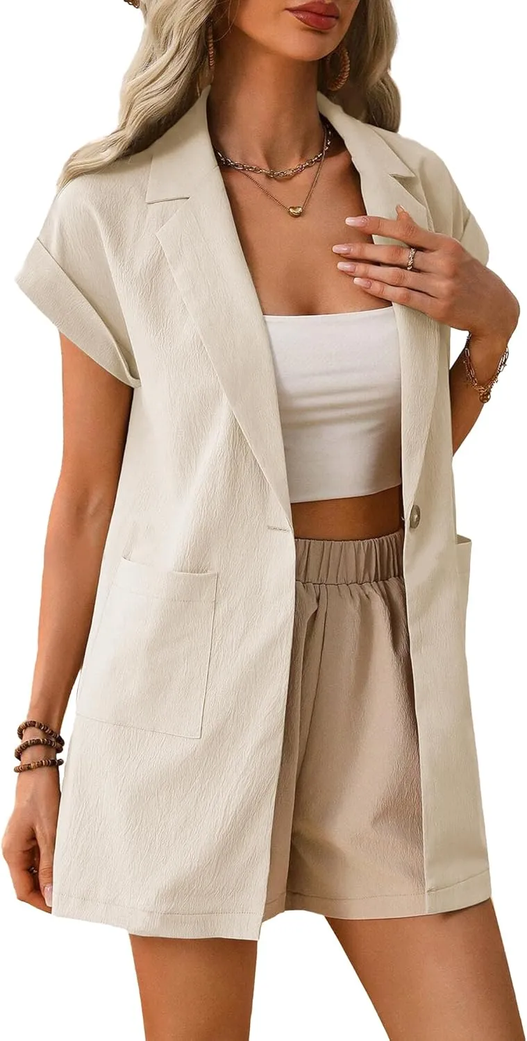 2024 Summer Short Sleeve Blazer Jacket for Women Lightweight Casual Fashion Long Work Office Suit Pockets