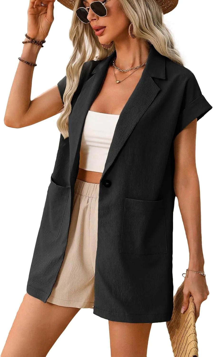 2024 Summer Short Sleeve Blazer Jacket for Women Lightweight Casual Fashion Long Work Office Suit Pockets