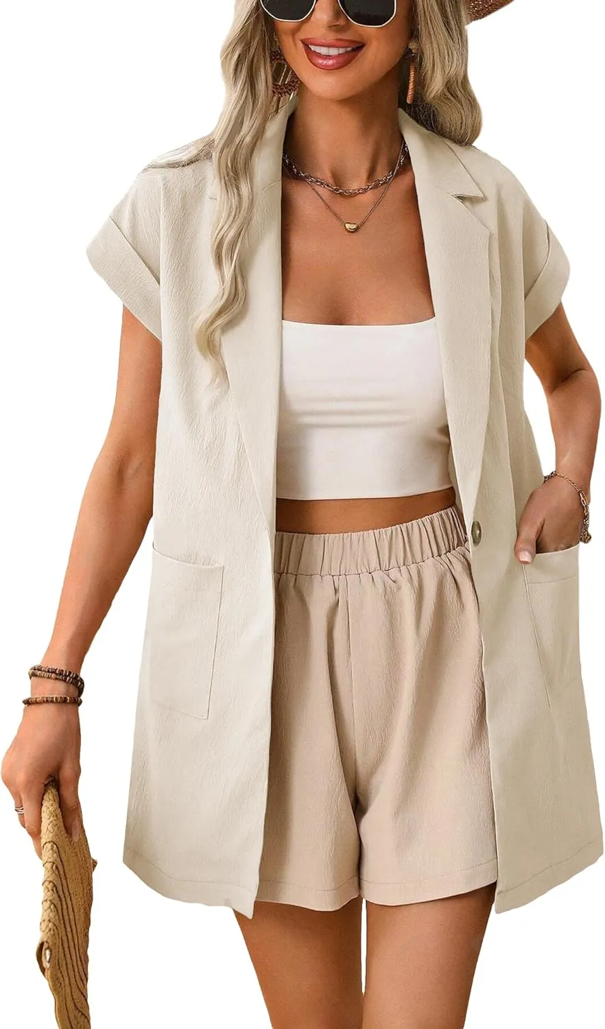 2024 Summer Short Sleeve Blazer Jacket for Women Lightweight Casual Fashion Long Work Office Suit Pockets