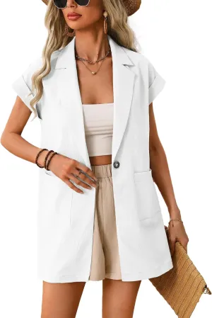 2024 Summer Short Sleeve Blazer Jacket for Women Lightweight Casual Fashion Long Work Office Suit Pockets