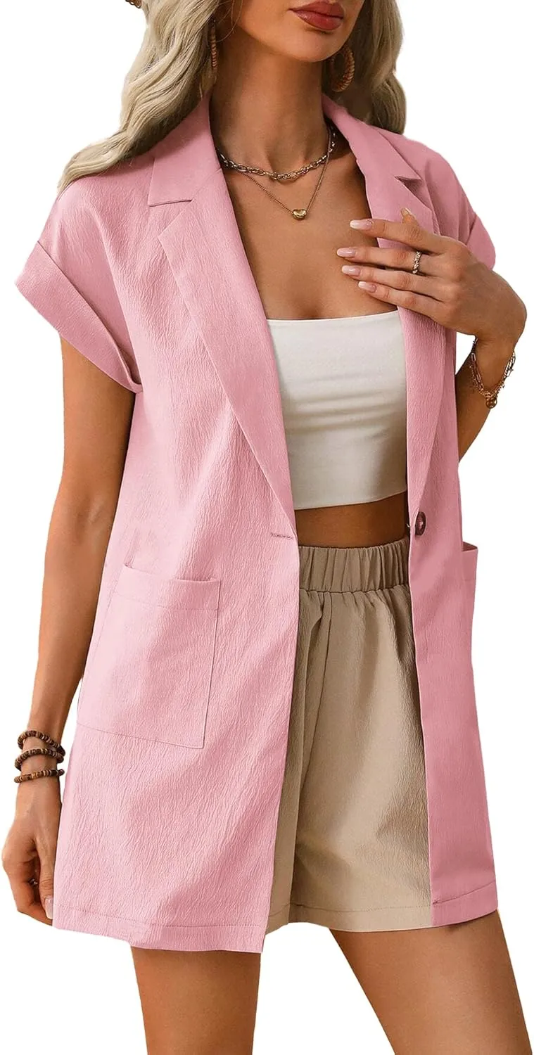 2024 Summer Short Sleeve Blazer Jacket for Women Lightweight Casual Fashion Long Work Office Suit Pockets