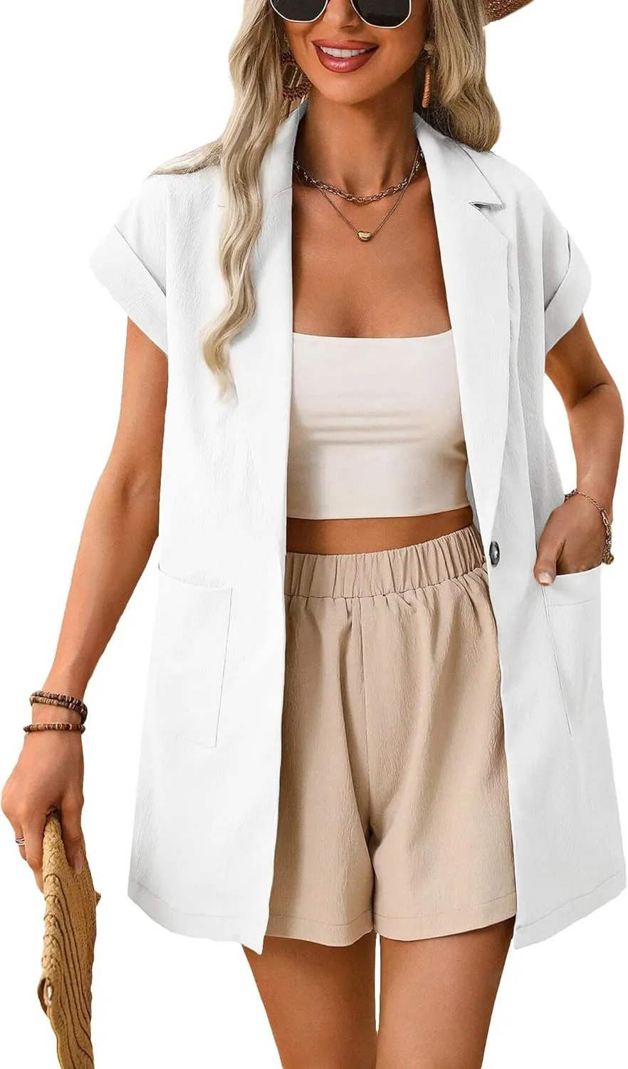 2024 Summer Short Sleeve Blazer Jacket for Women Lightweight Casual Fashion Long Work Office Suit Pockets