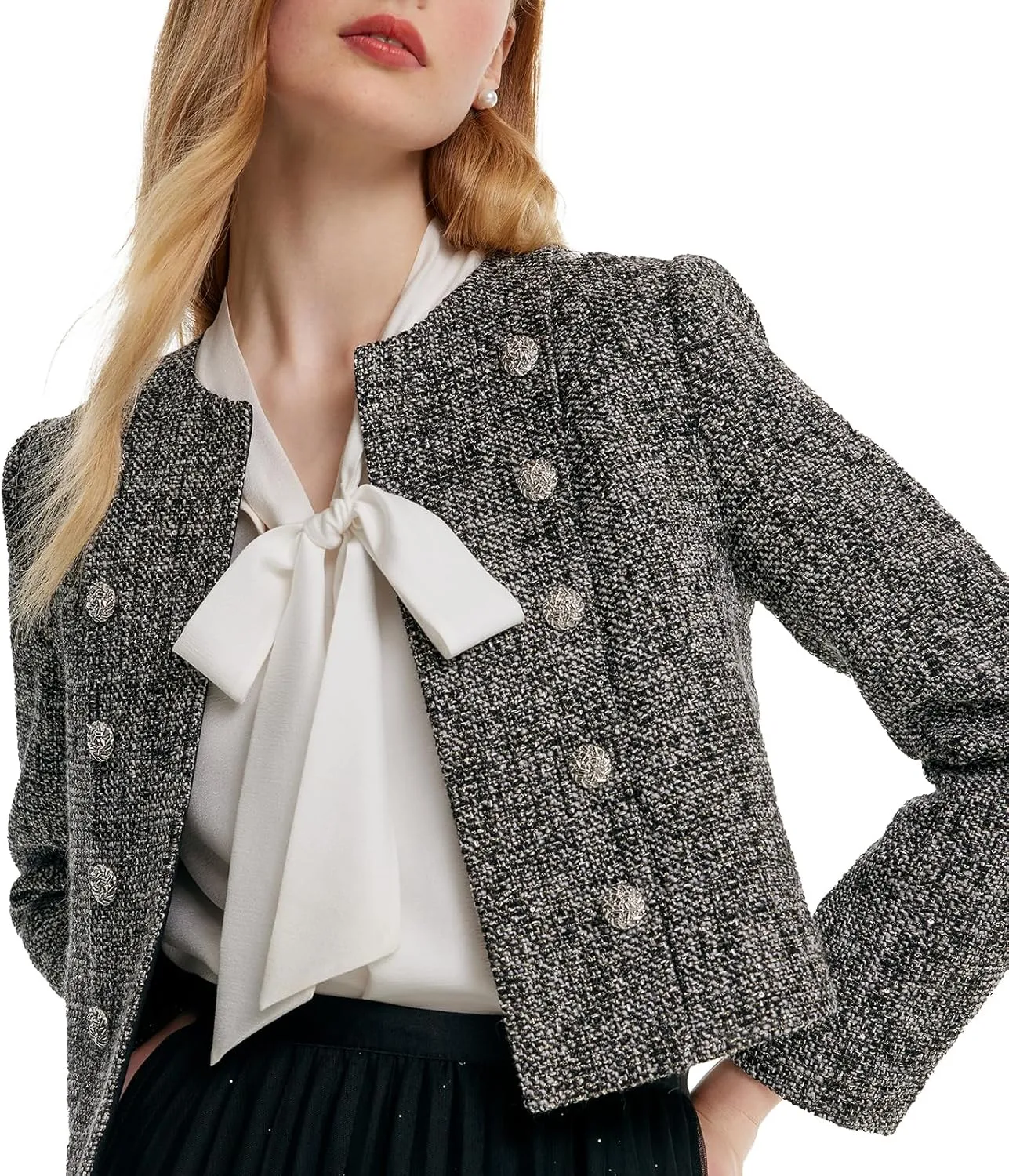 2025 Classic Tweed Blazers for Women Long Sleeve Cropped Casual Work Suit Jacket Work Blazer