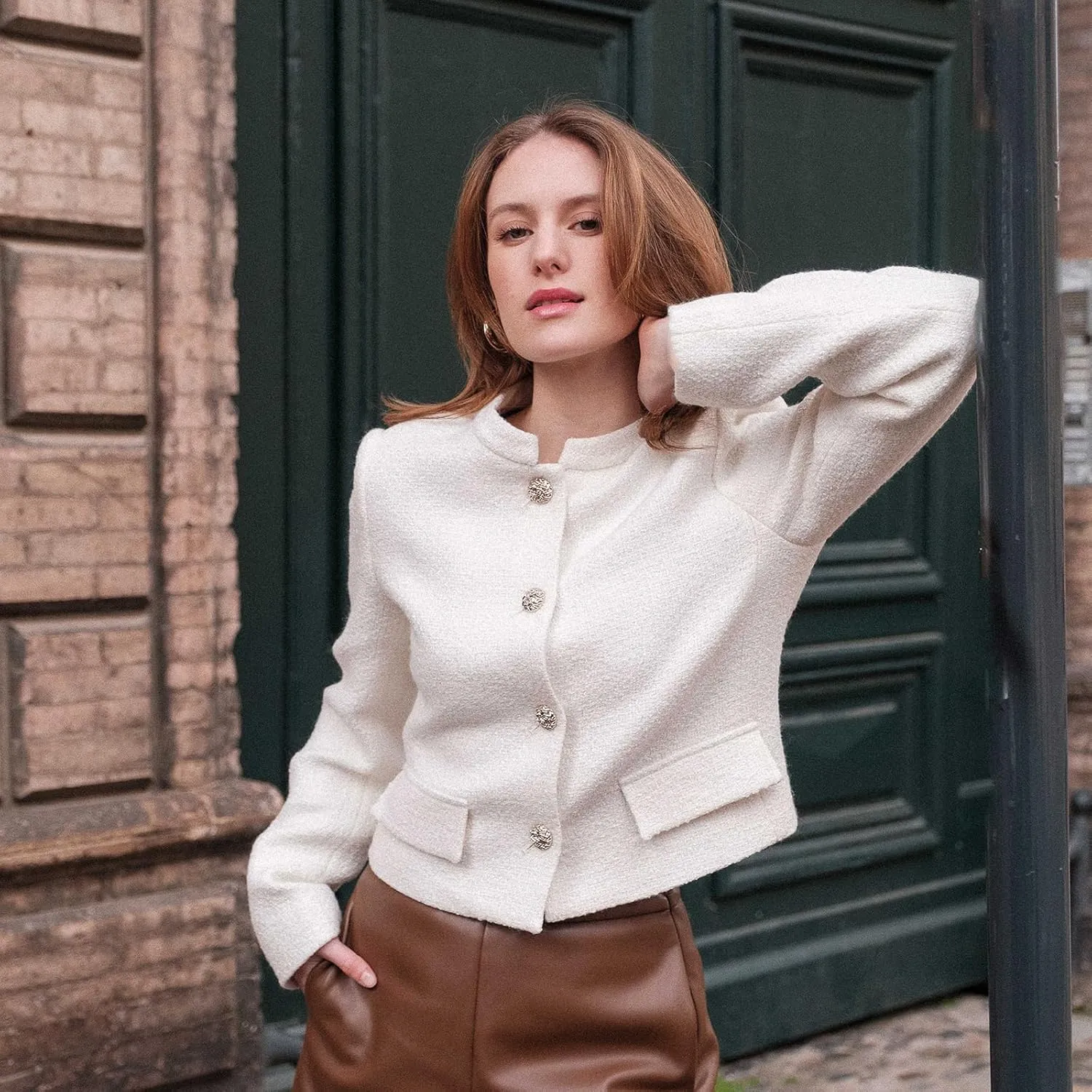 2025 Classic Tweed Blazers for Women Long Sleeve Cropped Casual Work Suit Jacket Work Blazer