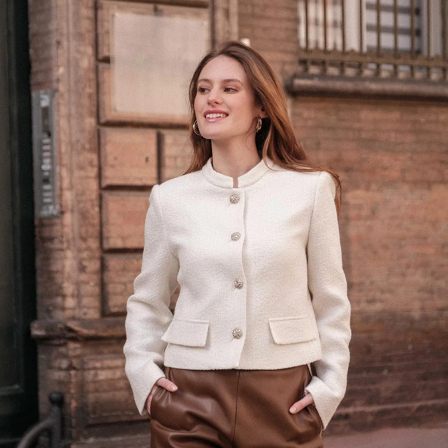 2025 Classic Tweed Blazers for Women Long Sleeve Cropped Casual Work Suit Jacket Work Blazer