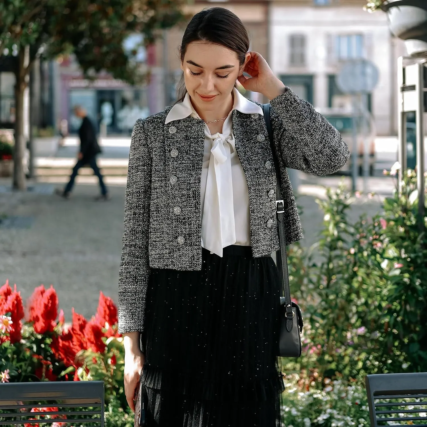 2025 Classic Tweed Blazers for Women Long Sleeve Cropped Casual Work Suit Jacket Work Blazer