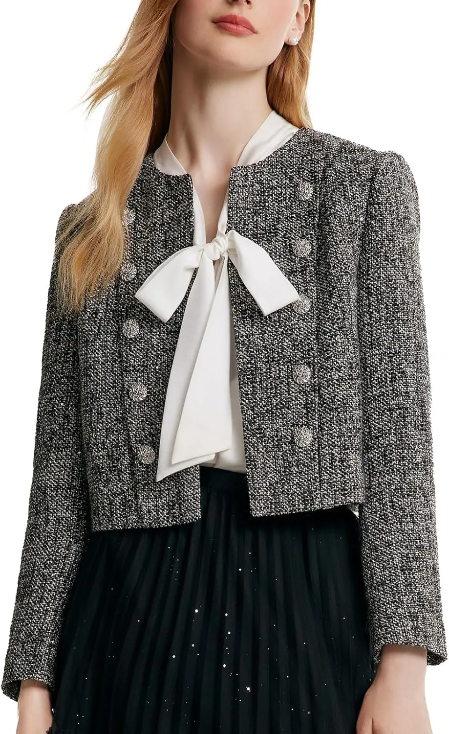 2025 Classic Tweed Blazers for Women Long Sleeve Cropped Casual Work Suit Jacket Work Blazer