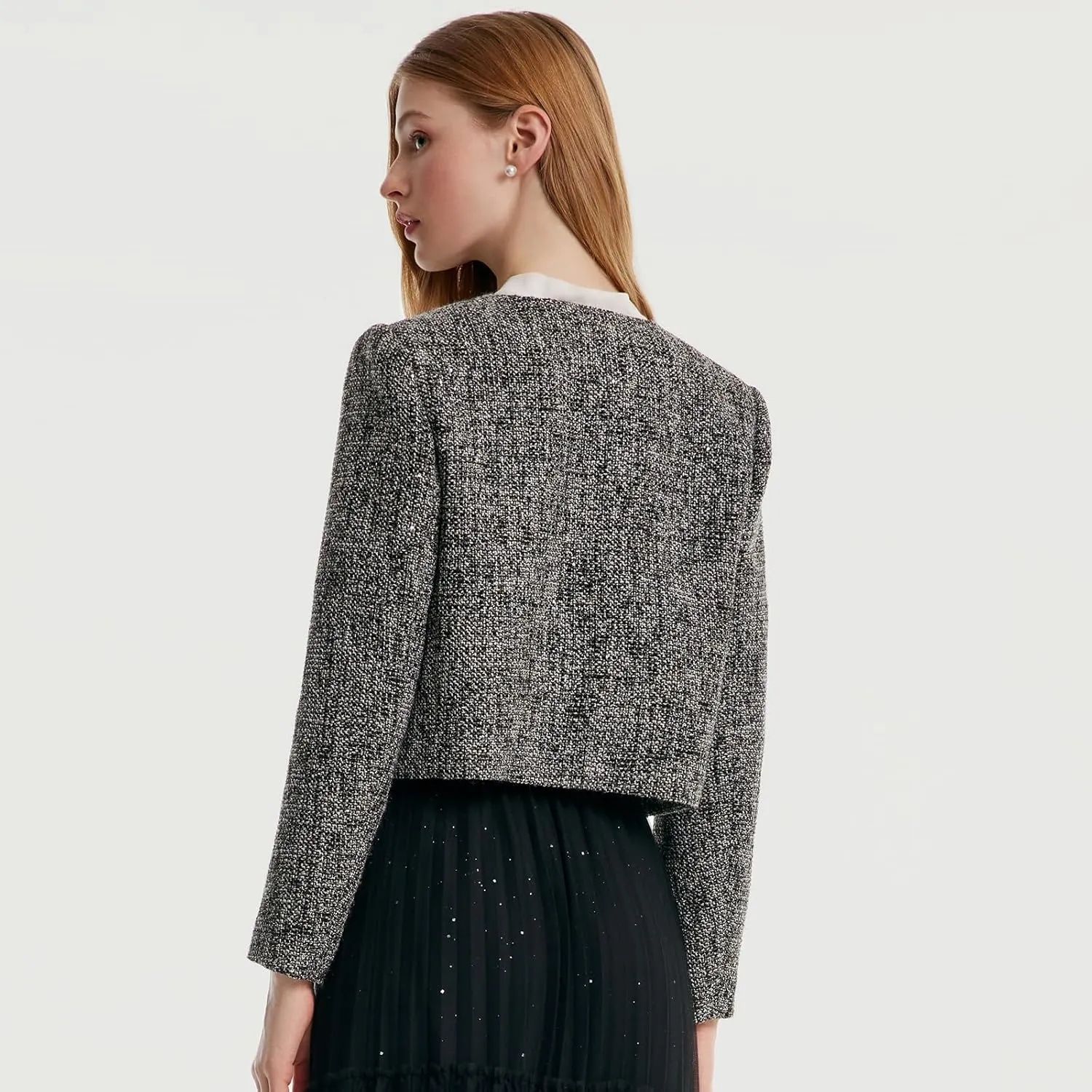2025 Classic Tweed Blazers for Women Long Sleeve Cropped Casual Work Suit Jacket Work Blazer