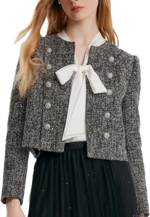 2025 Classic Tweed Blazers for Women Long Sleeve Cropped Casual Work Suit Jacket Work Blazer