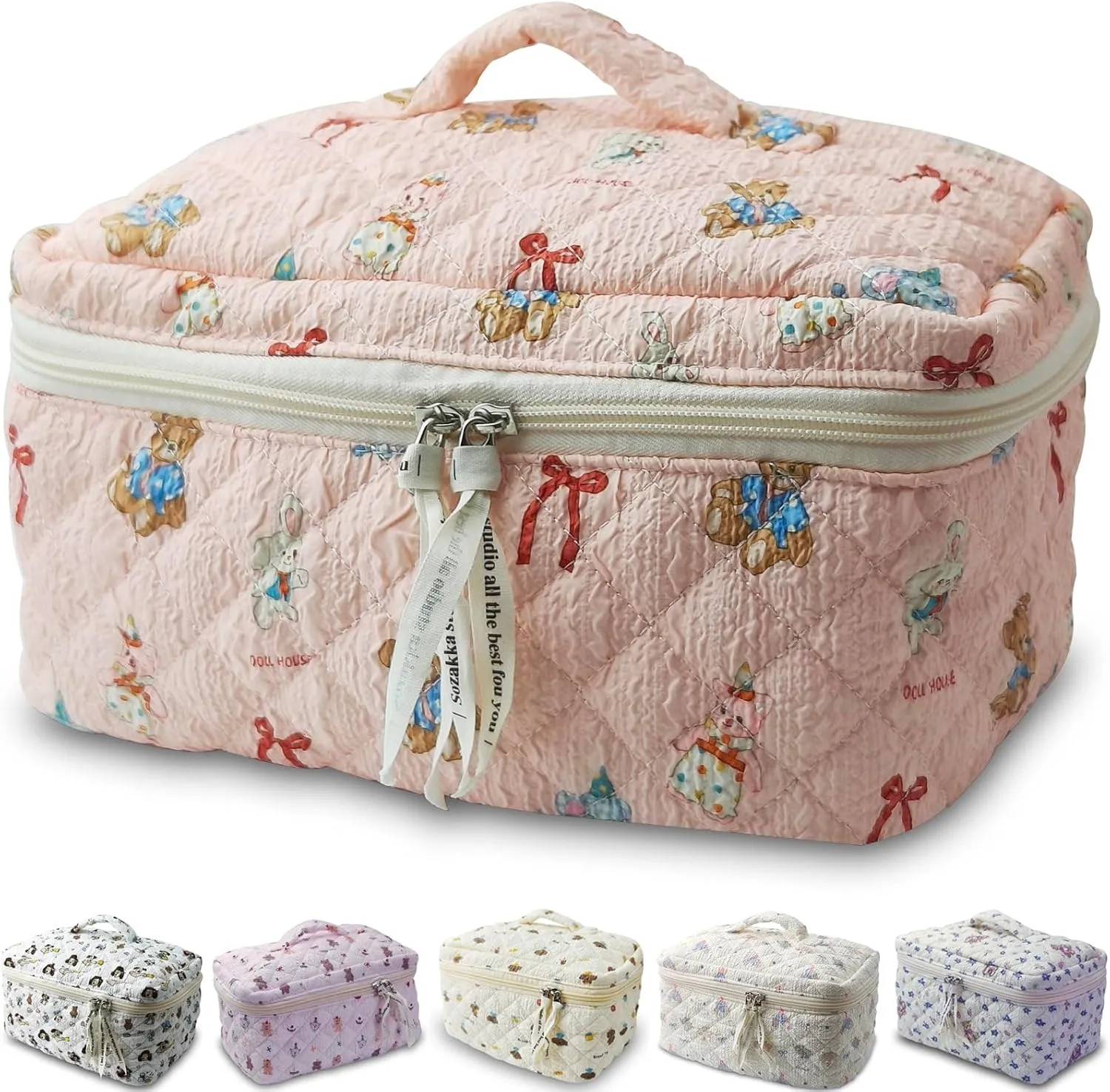 2025 New Cute Cartoon Doll House Pink Makeup Bags for Women GirlsLarge Cosmetic Travel Quilted Cotton & Poplin Fabric Skincare Make Up Organizer Bag, Aesthetic Bathroom Portable Brush Case Pouch