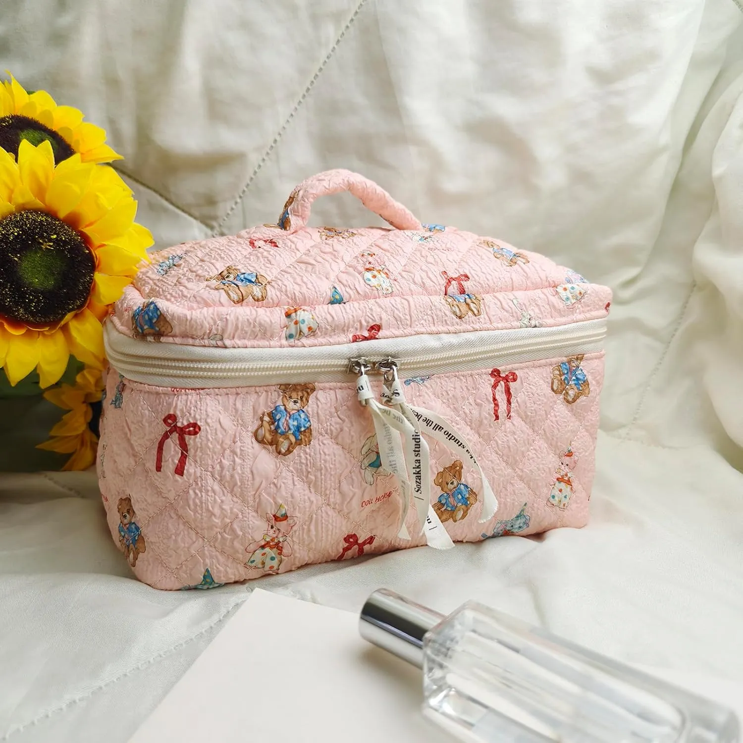 2025 New Cute Cartoon Doll House Pink Makeup Bags for Women GirlsLarge Cosmetic Travel Quilted Cotton & Poplin Fabric Skincare Make Up Organizer Bag, Aesthetic Bathroom Portable Brush Case Pouch