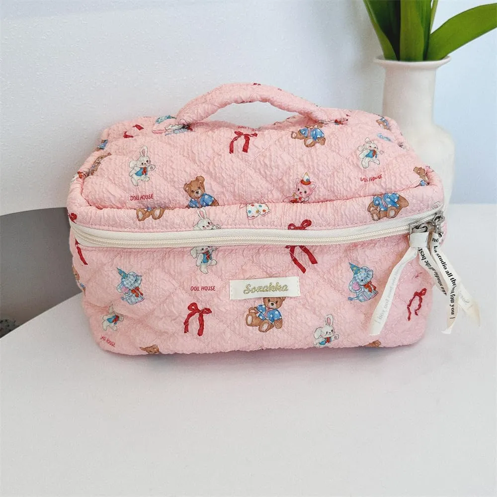 2025 New Cute Cartoon Doll House Pink Makeup Bags for Women GirlsLarge Cosmetic Travel Quilted Cotton & Poplin Fabric Skincare Make Up Organizer Bag, Aesthetic Bathroom Portable Brush Case Pouch