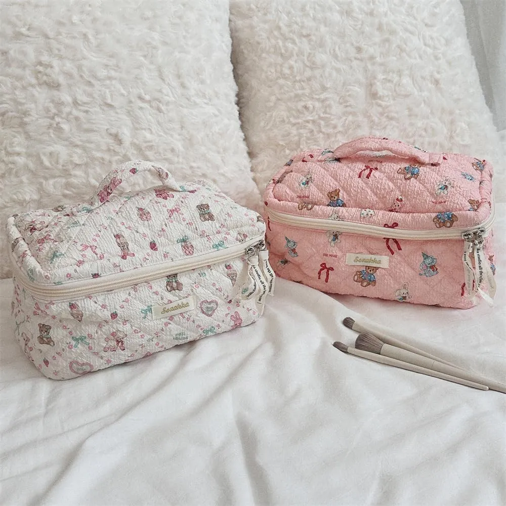 2025 New Cute Cartoon Doll House Pink Makeup Bags for Women GirlsLarge Cosmetic Travel Quilted Cotton & Poplin Fabric Skincare Make Up Organizer Bag, Aesthetic Bathroom Portable Brush Case Pouch
